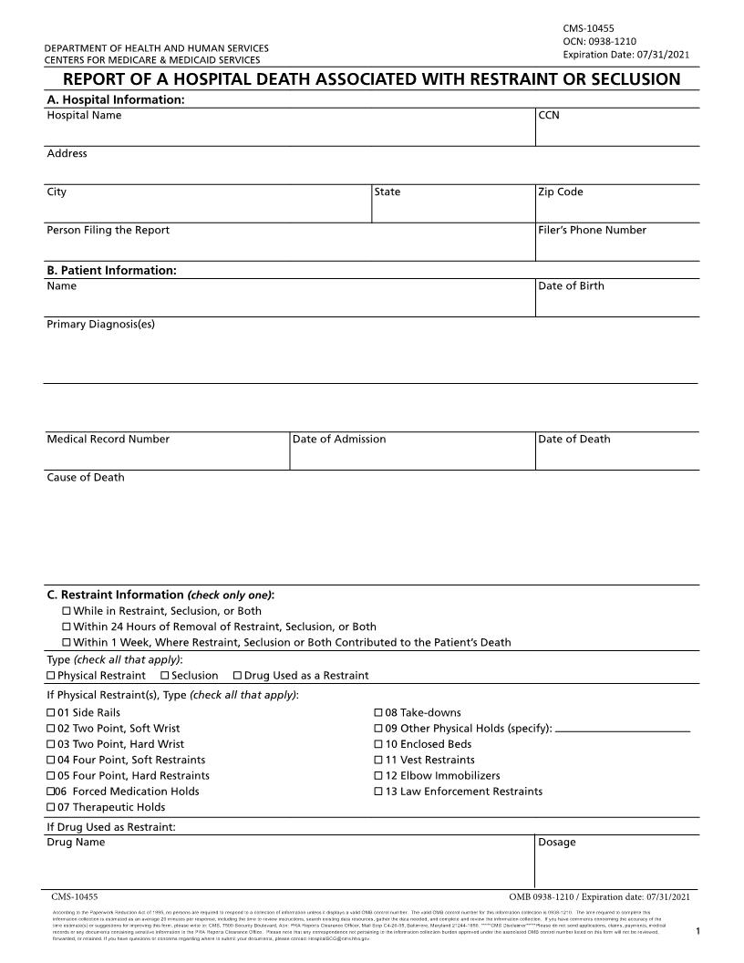Report Of A Hospital Death Associated With Restraint Or Seclusion [CMS-10455} | Pdf Fpdf Docx | Official Federal Forms